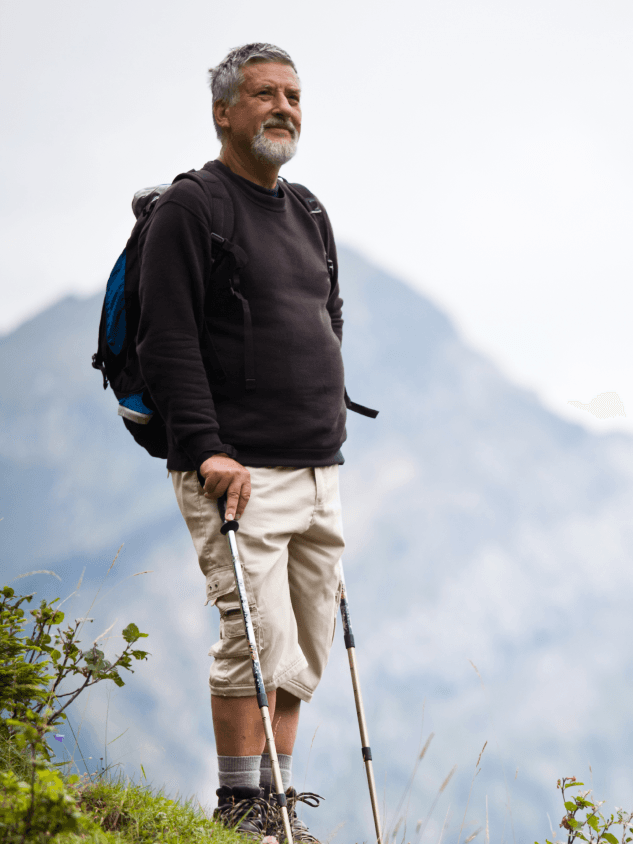 Hiker on a mountainside without glasses